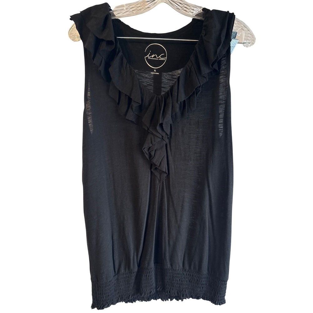 INC International Concepts Black Ruffle V-Neck Smocked Hem Sleeveless Top XL